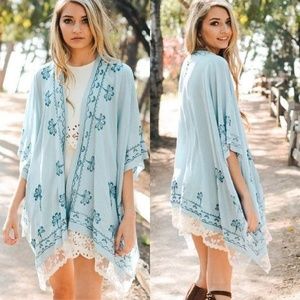 Embroidered Lace Trim Kimono Blue One Size